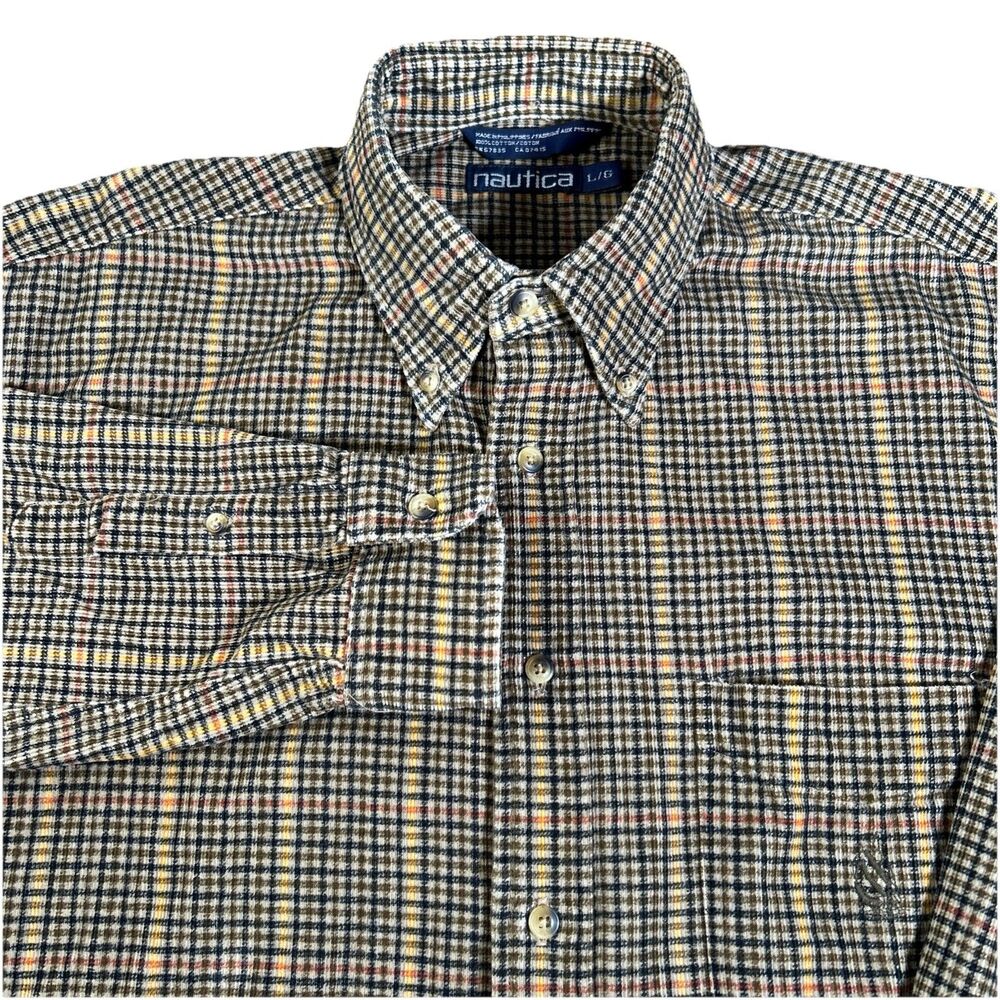 Vintage Nautica Men’s L Corduroy Brown Plaid  Long Sleeve Button‎ Down